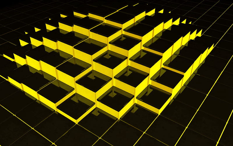 structure, cubes, 3d, yellow, black, HD wallpaper