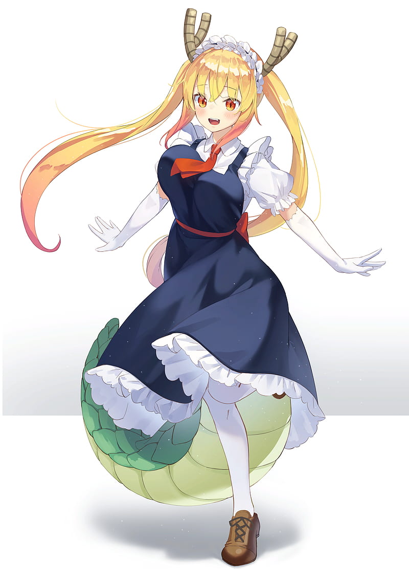 anime, anime girls, Kobayashi-san Chi no Maid Dragon, Tohru (Kobayashi-san Chi no Maid Dragon), dragon girl, horns, long hair, twintails, blonde, blond hair, white background, maid, maid outfit, maiden, red tie, tail, orange eyes, Kimyo, HD phone wallpaper