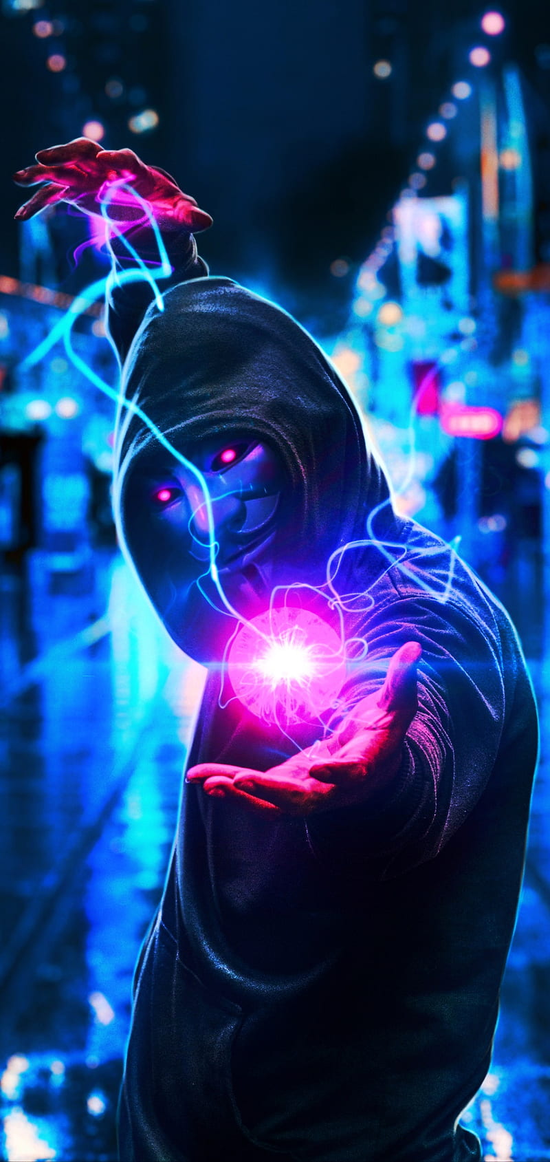 Neon mask anonymous, blue, electricity, guy pink, HD phone wallpaper