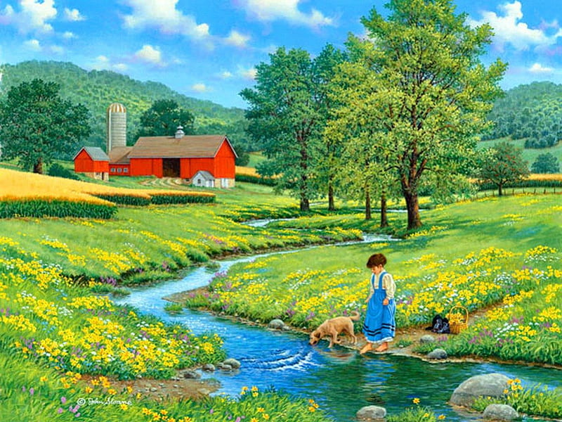 Cool waters, stream, house, shore, grass, cottage, bonito, barn, countryside, farm, kid, nice, painting, village, river, child, playing, art, quiet, lovely, creek, sky, trees, waters, cool, serenity, peaceful, nature, camness, HD wallpaper
