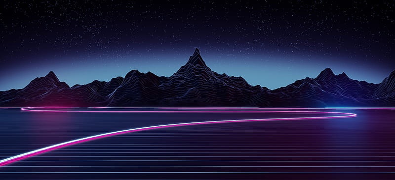 synthwave, landscape, neon light, mountain, retrowave, Landscape, HD wallpaper