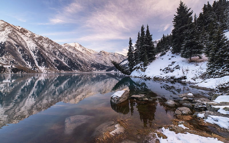 Big Almaty lake, winter, mountains, snow, Kazakhstan, HD wallpaper