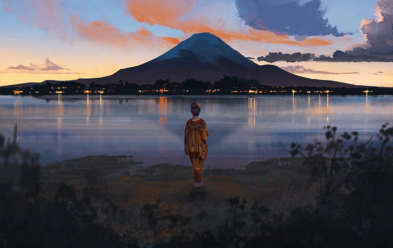 Mt. Fuji, night, lake, frumusete, luminos, surendra rajawat, superb, kimono, mountain, water, fantasy, girl, asian, gorgeous, fuji, HD wallpaper