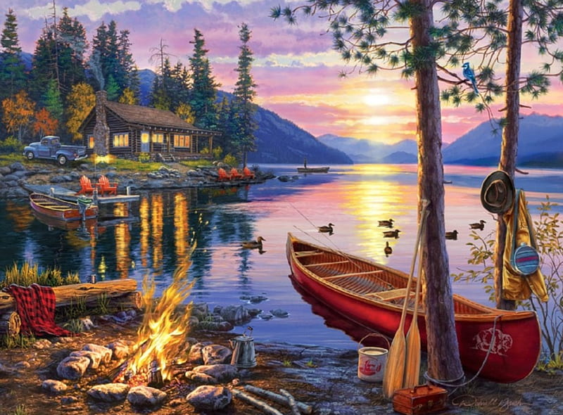 Canoe Lake, lakes, loons, love four seasons, birds, canoe, attractions in dreams, fire, paintings, sunsets, landscapes, summer, chairs, nature, cabins, HD wallpaper