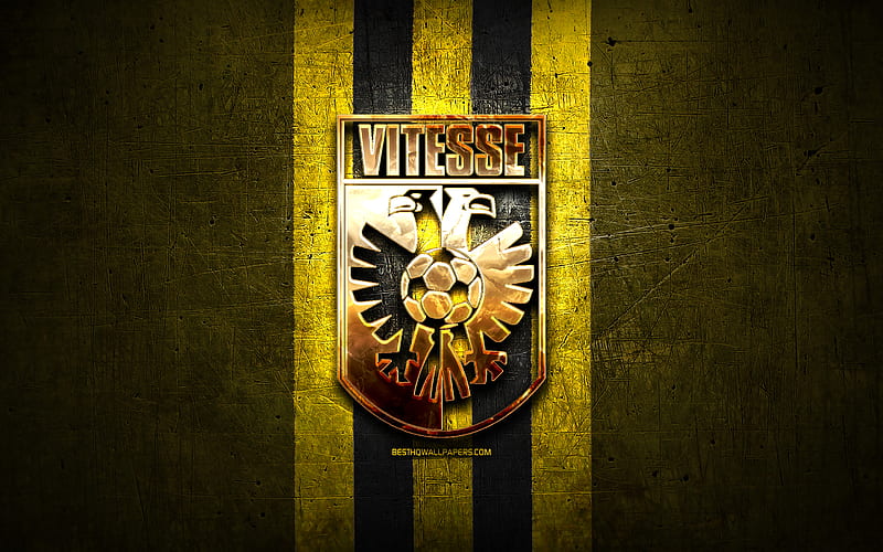 Vitesse FC, golden logo, Eredivisie, yellow metal background, football, SBV Vitesse, Dutch football club, Vitesse logo, soccer, Netherlands, HD wallpaper