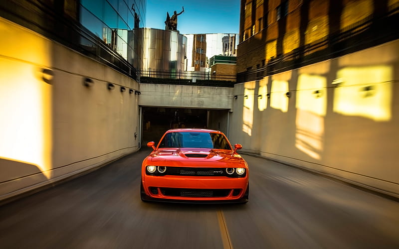 Dodge Challenger SRT Hellcat, tunnel, 2018 cars, supercars, motion blur, orange Challenger, tuning, Dodge, HD wallpaper