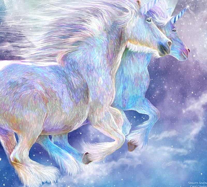 Unicorns soulmates, art, luminos, carol cavalaris, horse, sky, fantasy, pink, couple, blue, HD wallpaper