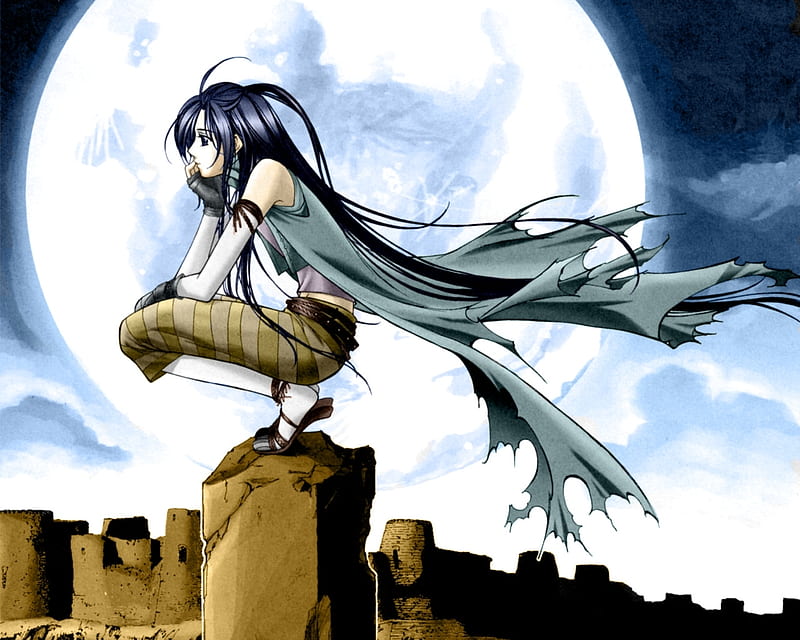Desert Moon, desert, bonito, sky, clouds, moon, cool, girl, stone, anime, id, night, HD wallpaper