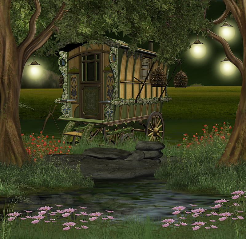 ✼.Softness Green Wagon.✼, rocks, pretty, splendid, grass, premade BG, pebbles, bonito, green, stock , flowers, beauty, forests, little pond, magnificent, light, resources, lovely, lamps, roses, trees, wagon, plants, beloved valentines, HD wallpaper
