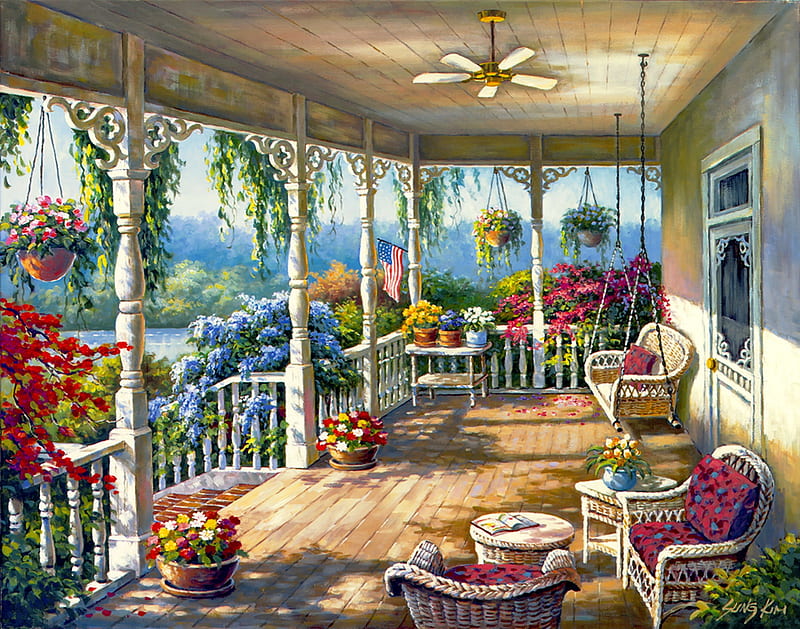 Dixie's veranda, veranda, art, house, view, Sung Kim, tea, countryside, coffee, summer, flowers, village, painting, HD wallpaper