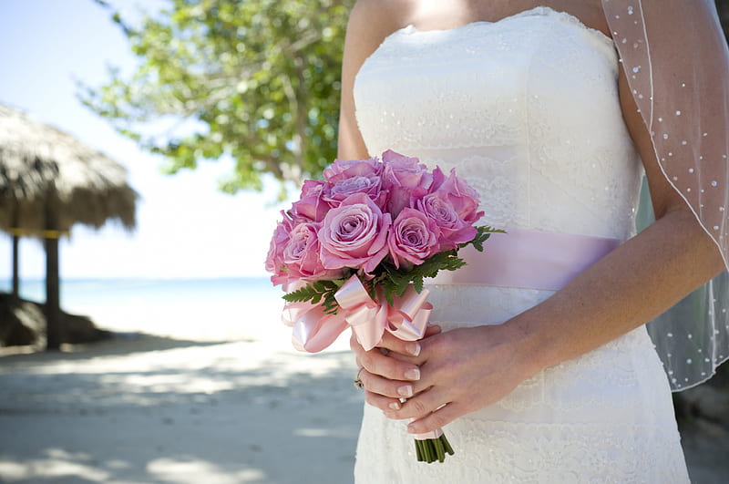 *Wedding Bride*, romance, bride, special day, roses, wedding, sea, beach, purple, bouquet, love, summer, HD wallpaper