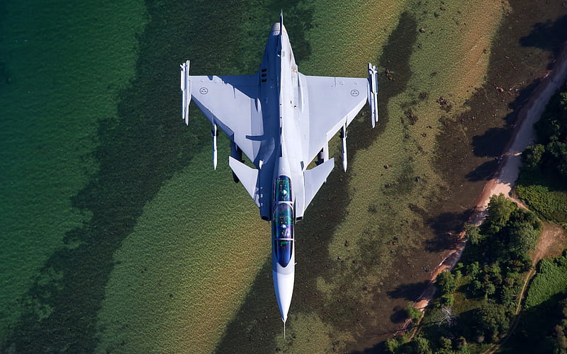 Saab JAS 39 Gripen, 39D, JAS, Swedish fighter, fourth generation, Swedish Air Force, combat aircraft, top view, HD wallpaper