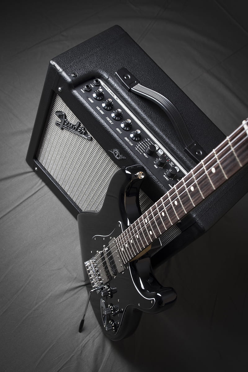 guitar, electric guitar, amplifier, music, black and white, HD phone wallpaper