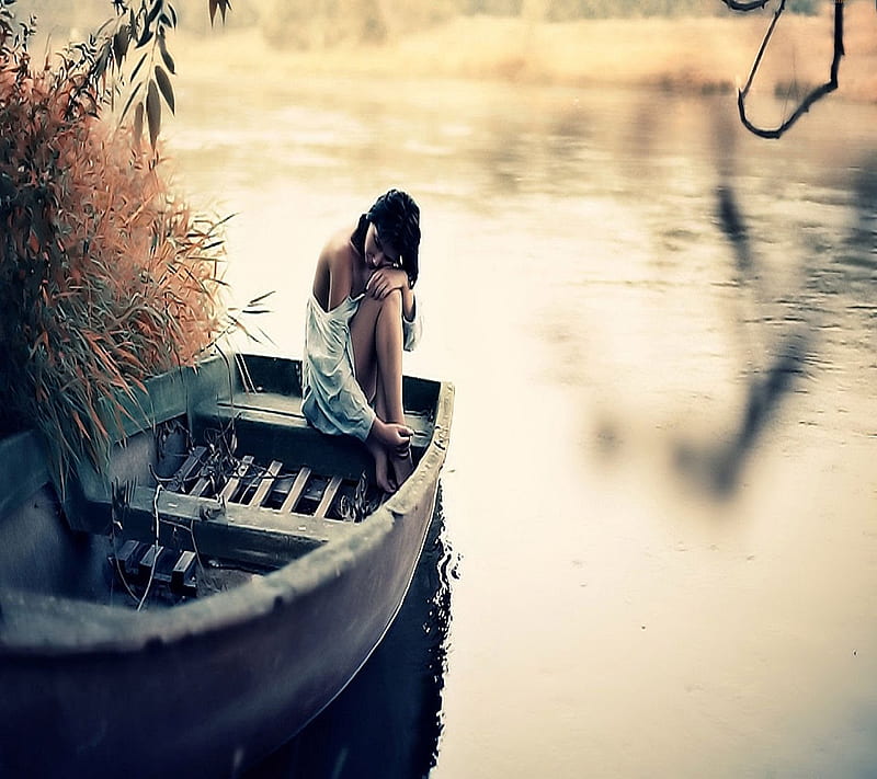 alone girl, boat, love, sad, HD wallpaper