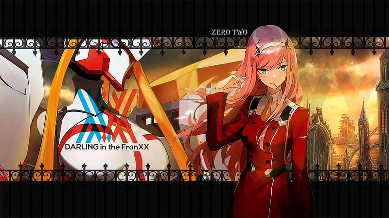 Darling In The FranXX Zero Two Hiro Zero Two Standing Wearing Red Dress With Backgound Of Gate And Golden Sunrise And Towers Anime, HD wallpaper