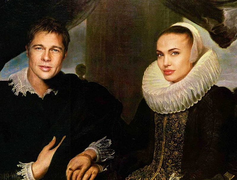 Angelina and Brad Renaissance Portrait, art, angelina jolie, bonito, woman, fantasy, brad pitt, girl, renaissance, digital, portrait, HD wallpaper