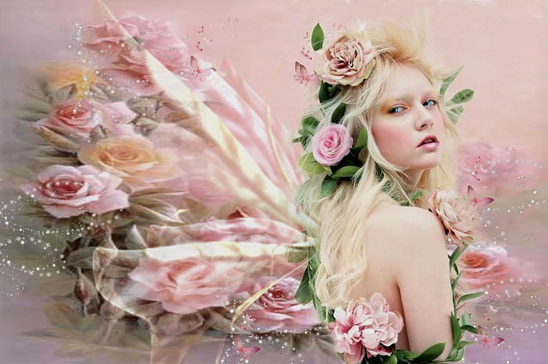 Fairy 6, artistic, pretty, stunning, breathtaking, bonito, woman, women, floral, sparkle, fantasy, feminine, flowers, gorgeous, fairy, springtime fairy, female, wings, lovely, storybook, pink roses fairy, butterflies, creative, roses, girl, fairy sparkle, magical, HD wallpaper