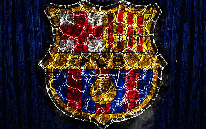 Barcelona FC, La Liga, blue wooden background, FCB, scorched logo, spanish football club, LaLiga, grunge, FC Barcelona, football, soccer, Barcelona logo, fire texture, Spain, HD wallpaper