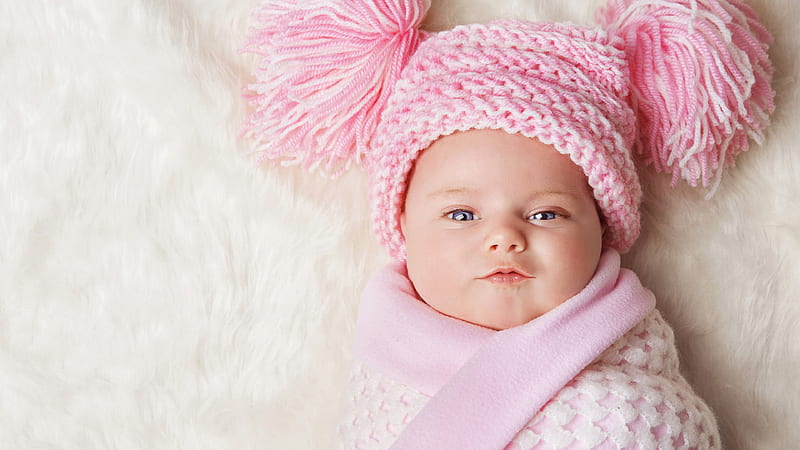 Cute Baby Child Is Covering With Pink Cloth And Wearing Woolen Knitted Pink Cap Cute, HD wallpaper