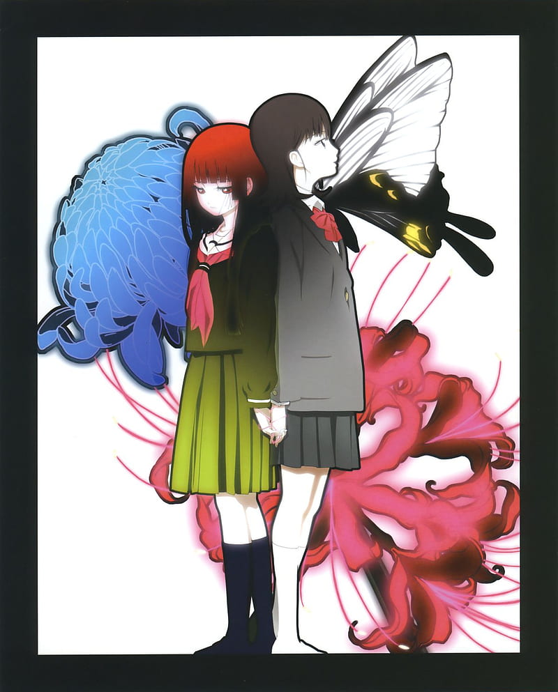 Jigoku Shoujo, Enma Ai, anime girls, dark hair, redhead, holding hands, HD phone wallpaper