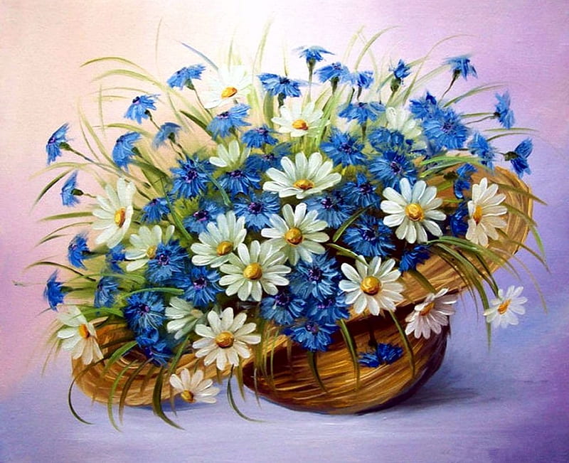 Flower Hat, cornflowers, daisies, painting, blossoms, white, artwork, blue, HD wallpaper