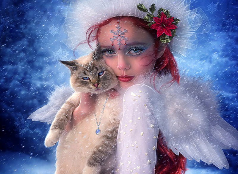 ~Little Angel with Cat~, Christmas, holidays, digital art, angels, xmas and new year, fantasy, manipulation, girls, little angel, wings, colors, love four seasons, creative pre-made, cat, winter, snow, wreid things people wear, HD wallpaper