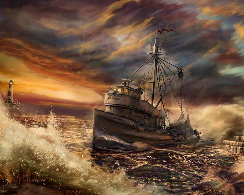 Riding the storm, fishing boat, storm, lighthouse, sea, angry sky, HD wallpaper