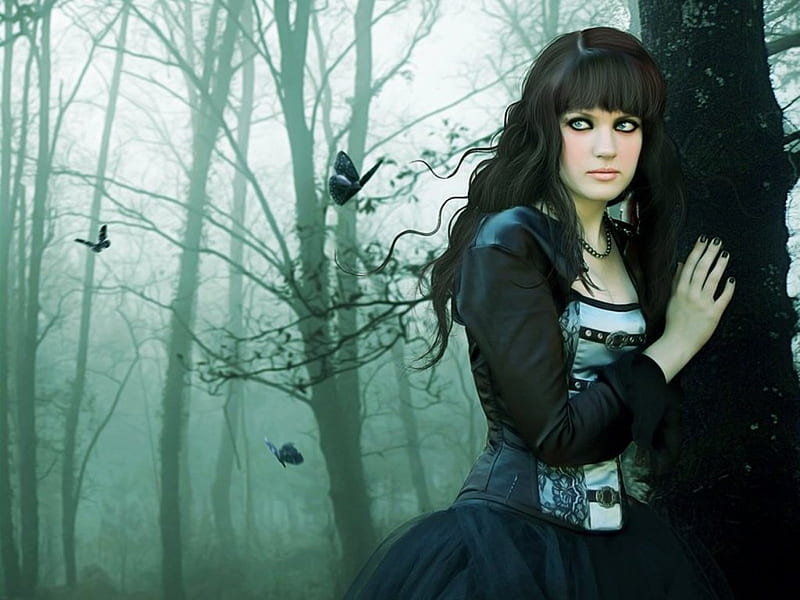 Goth Lady, goth, pretty, woman, woods, HD wallpaper