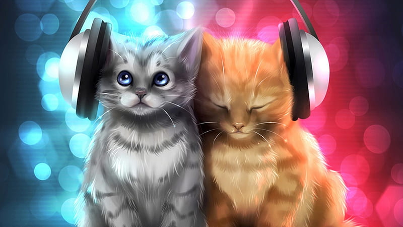 Artistic Of Kittens With Headphone Kitten, HD wallpaper