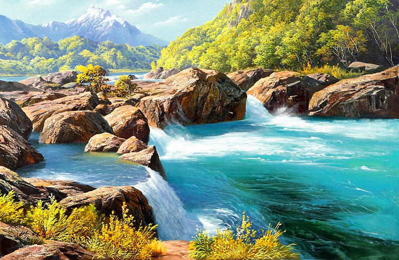 Mountain stream, stream, rocks, art, bonito, creek, mountain, painting, summer, nature, river, stonesm, HD wallpaper
