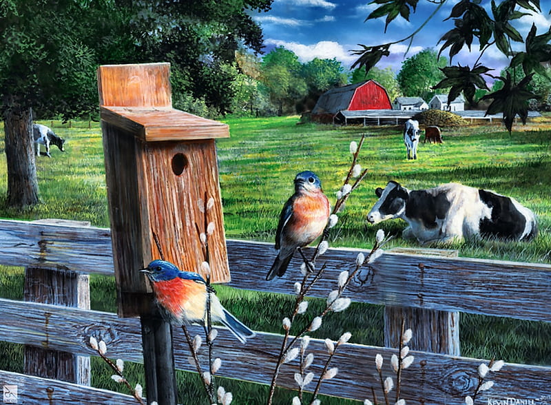 Bluebirds and Cow Friends F, art, cow, bovine, bonito, illustration, artwork, bluebird, animal, bird, avian, painting, wide screen, wildlife, HD wallpaper