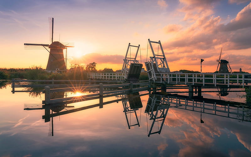 Evening in Netherlands, Benelux, calm, windmill, bridge, canal, sunset, reflection, HD wallpaper