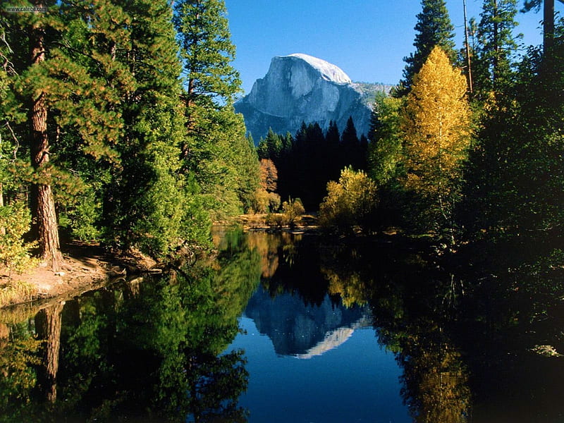Half Dome, Merced River, Yosemite, mountain, water, reflections, trees, HD wallpaper