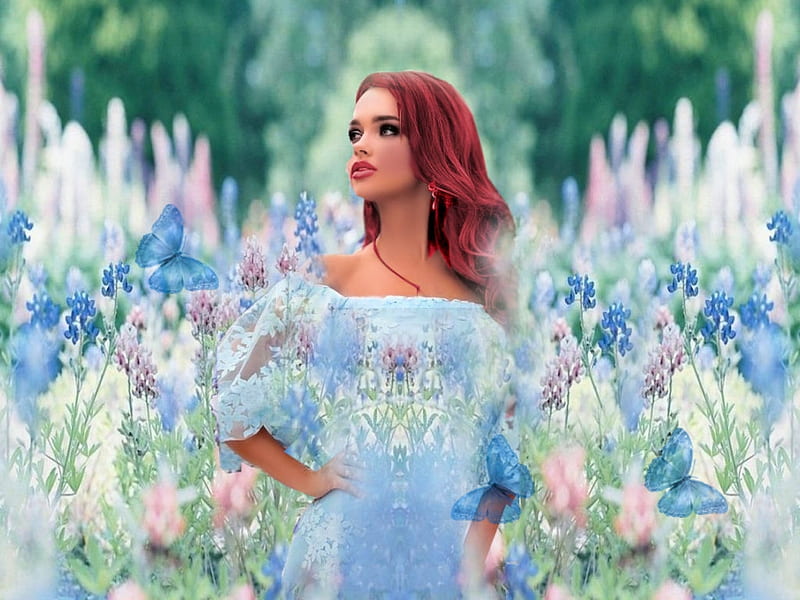 Heavenly Lady In Blue, pastel, colorful, blue, white, vibrant, girl, dress, butterflies, pink, vivid, green, bright, red head, bold, flowers, HD wallpaper