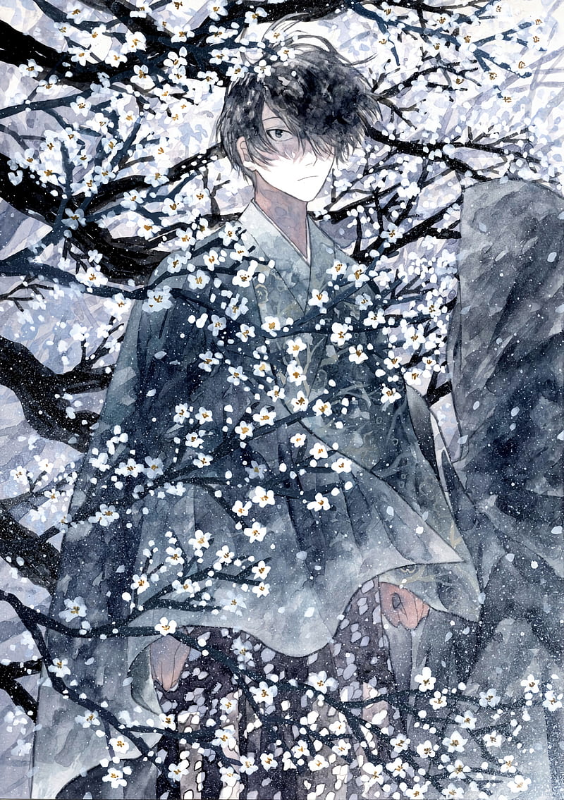 Guy, kimono, anime, art, blue, HD phone wallpaper