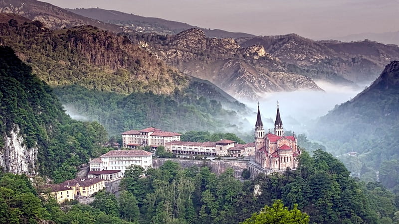 superb monastery at covadonga spain, forest, mountains, hill, monastery, mist, HD wallpaper