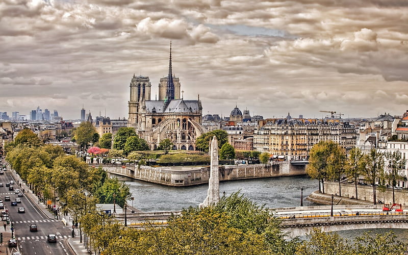 notre dame cathedral in paris r, cathedral, city, river, r, trees, clouds, HD wallpaper
