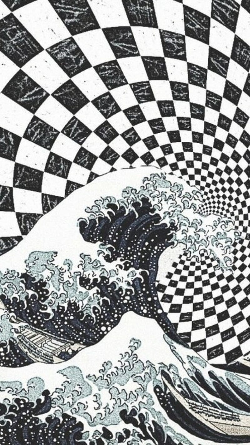 Checkered Wave, checkered, japanese art, waves, HD phone wallpaper