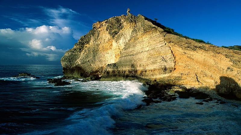 guadeloupe beach, beach, rock, cliff, waves, clouds, cross, HD wallpaper