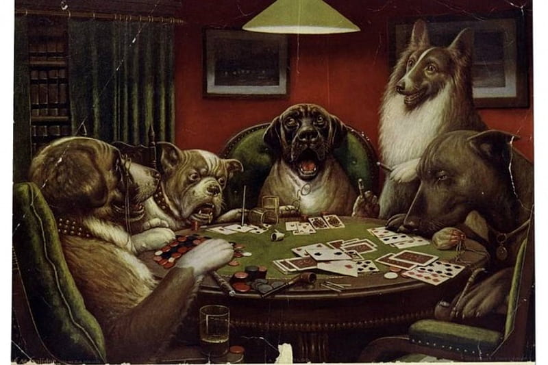 Dogs Playing Cards, table, art, lamp, room, playing cards, dogs, HD wallpaper