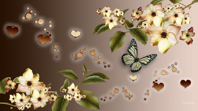 Heart of Flowers, leaves, vine, butterfly, brown, flowers, bronze, corazones, abstract, HD wallpaper