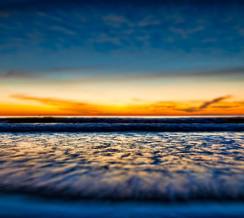 Tilt-shift Sunset, beach, blue, dusk, long exposure, ocean, sky, sunset, waves, HD wallpaper