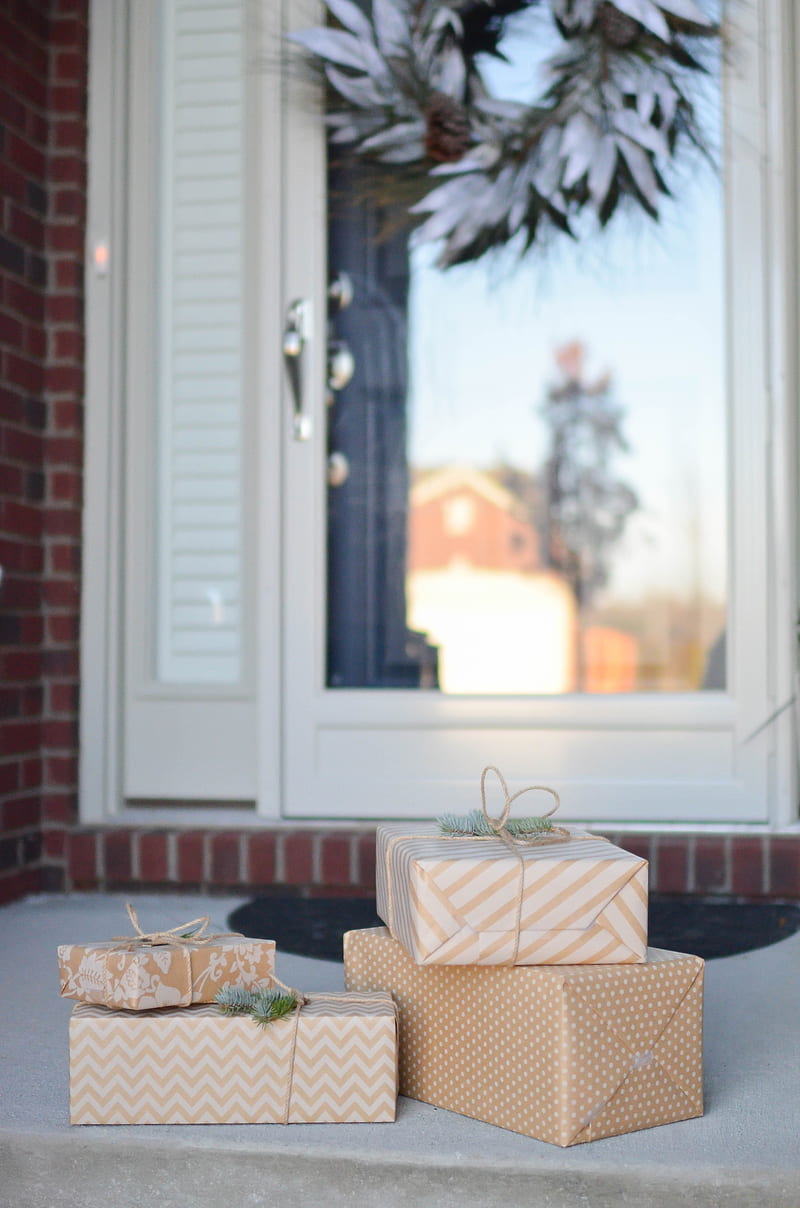 four brown gift boxes near white door, HD phone wallpaper
