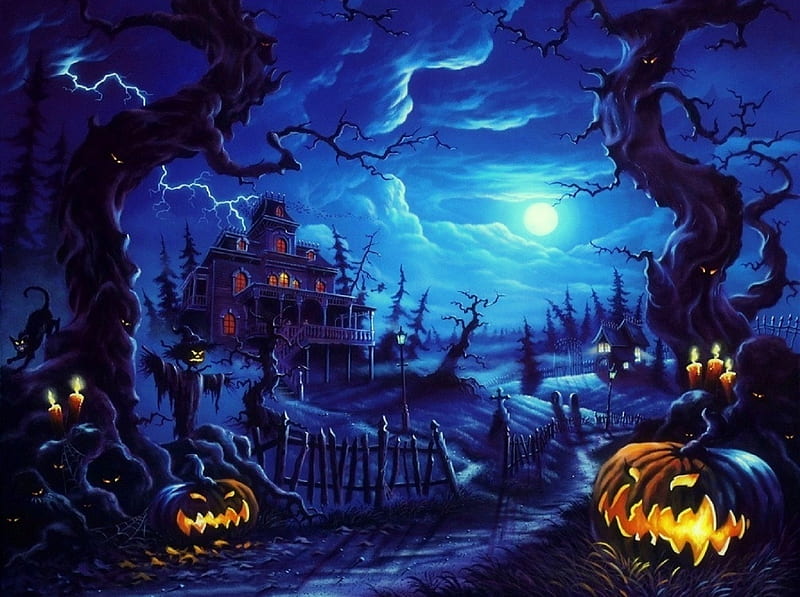 Fright Night of Halloween, moons, halloween, houses, love four seasons, haunted, candles, fantasy, paintings, spooky, jack-o-lanterns, pumpkins, blue, HD wallpaper