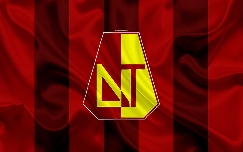 Deportes Tolima logo, Colombian football club, silk texture, red yellow flag, Categoria Primera A, Ibague, Colombia, football, Liga Aguila, HD wallpaper