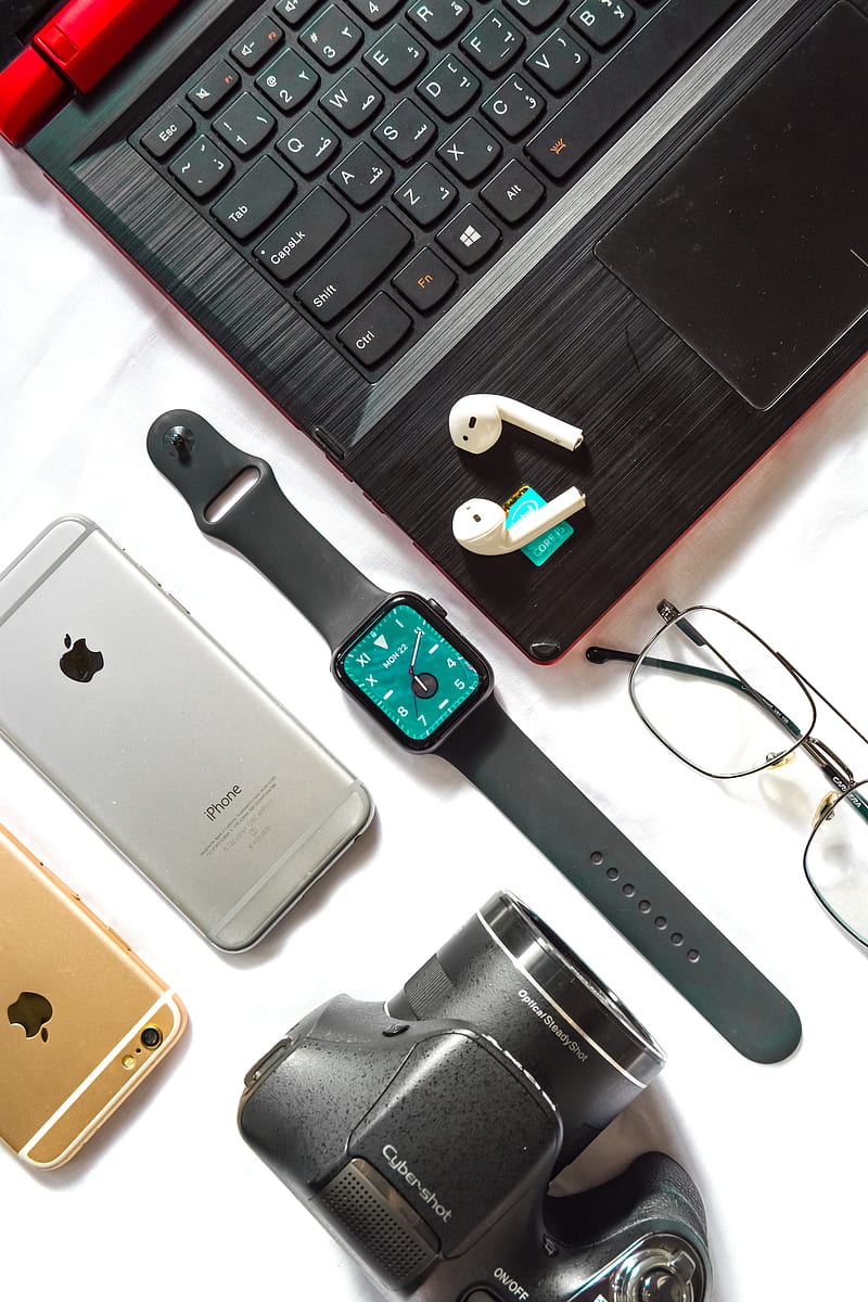 Apple tech, airpod, apple products, apple watch, cameras, flatlay, iphone, technology, HD phone wallpaper