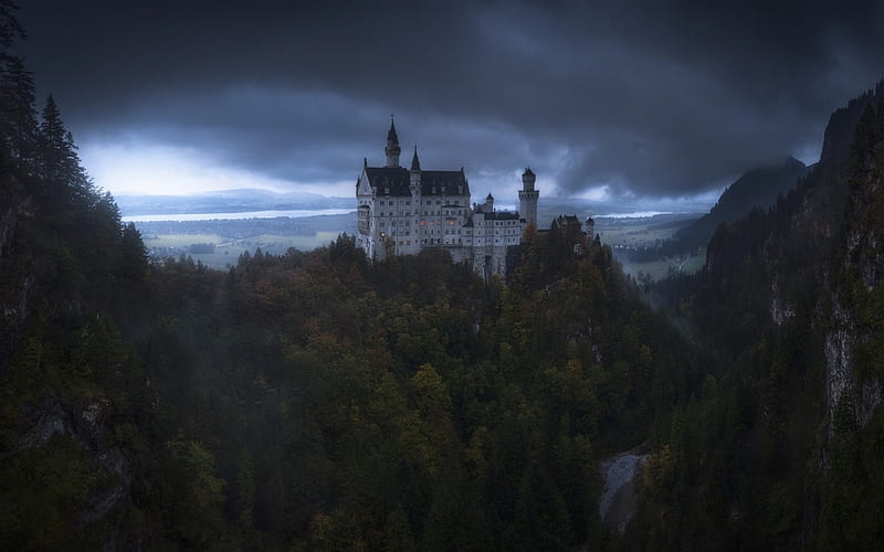 Neuschwanstein, romantic castle, morning, clouds, fog, mountain landscape, sunrise, Bavaria, Germany, King Ludwig II, HD wallpaper