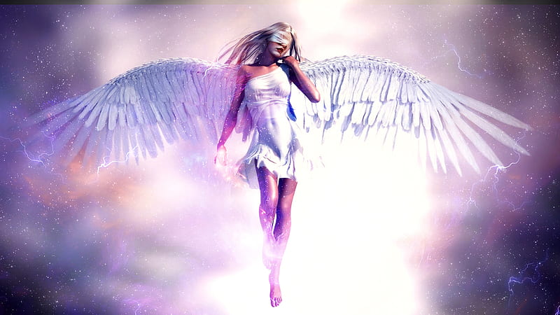 Angel burst, wings, glow, angel, white, sky, woman, lights, art, divine, digital, HD wallpaper