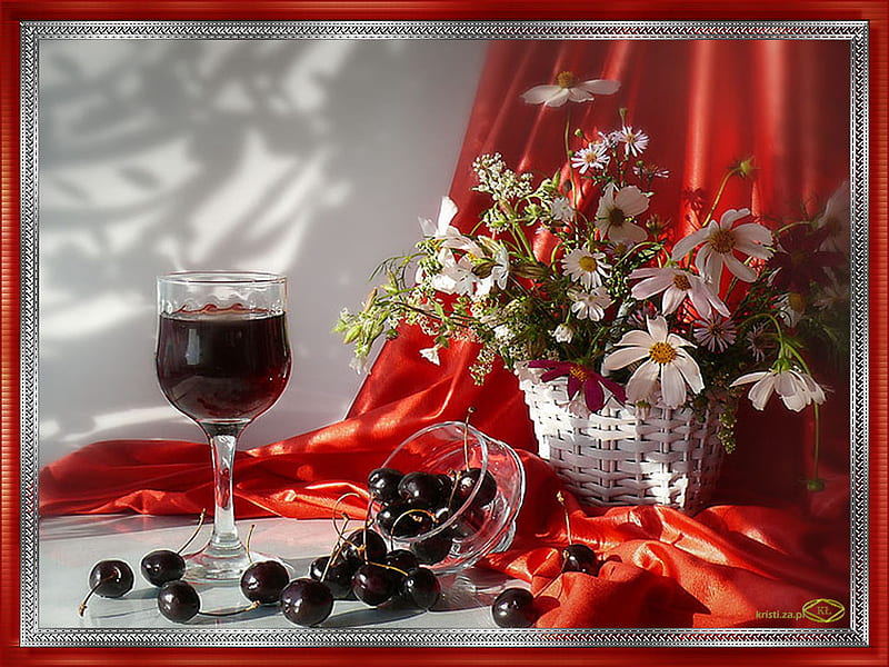 Still life, daisies, red, berries, wine, basket, flowers, HD wallpaper