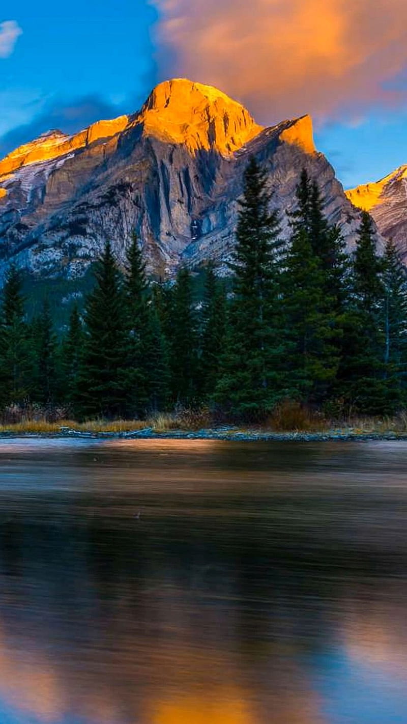Rocky Mountains, evergreen, lake, sunrise, trees, HD phone wallpaper